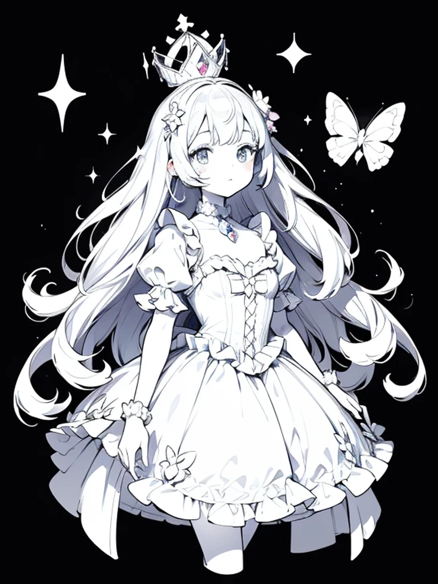 a coloring book page, cute anime girl surrounded with flowers, wearing a princess dress, small crystal crown, crystal heels, marie antoinette dress, black and white, simple and minimal, perfect shapes, only lineart, no gray or shades, complete body, white background