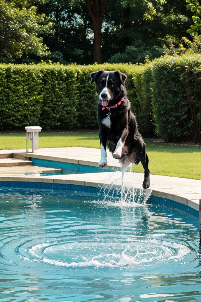 Dog jump in water pool