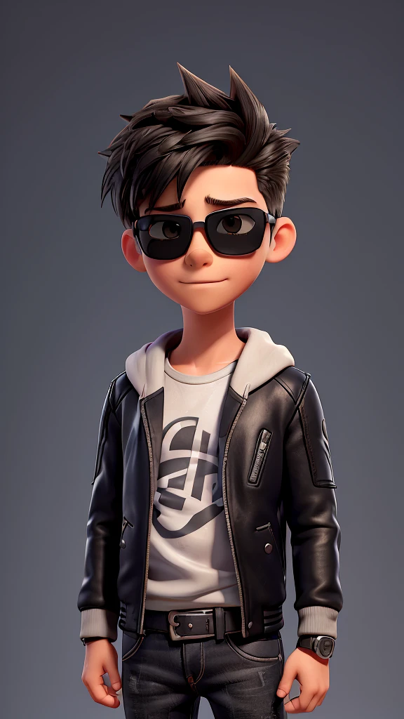 “Create a high-resolution, detailed image of a young boy with a confident and stylish look. The boy should be wearing dark sunglasses, a black leather jacket with a hoodie underneath, and light-colored, distressed jeans. He should have a modern, spiky hairstyle and a serious facial expression. The background should be a warm gradient that enhances the boy’s stylish appearance.”