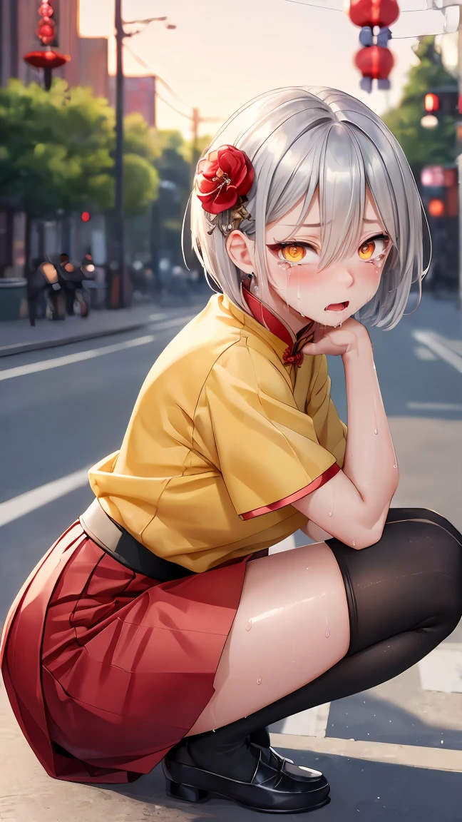 Young girl 19 years old, short silver bob hair, hair flower, sharp bangs between the eyes, yellow  eyes, eyes large, provocative look, obscene expression, notable physical features, traditional chinese imperial clothes black with gold details, red skirt, black thigh high socks., half-sided angle, crouched in the street. japanese city, outdoor city, city at night, with full moon in the background, light reflecting on the sexy and sweaty body. (((sweat))) (work of art:1.2,) (best qualityer), perfect lighting, Flawless sharpness, ultra resolution, 8K, high resolution, highy detailed, realistic texture, Advanced Rendering, cinematic quality, perfect skin without anomalies, meticulous details, crystal clear image, swirly vibrant colors, exceptional clarity, precision detailed, natural appearance, high quality definition, maximum resolution, refined finish, absolute focus, modern aesthetic, impressive look, detailed expression.