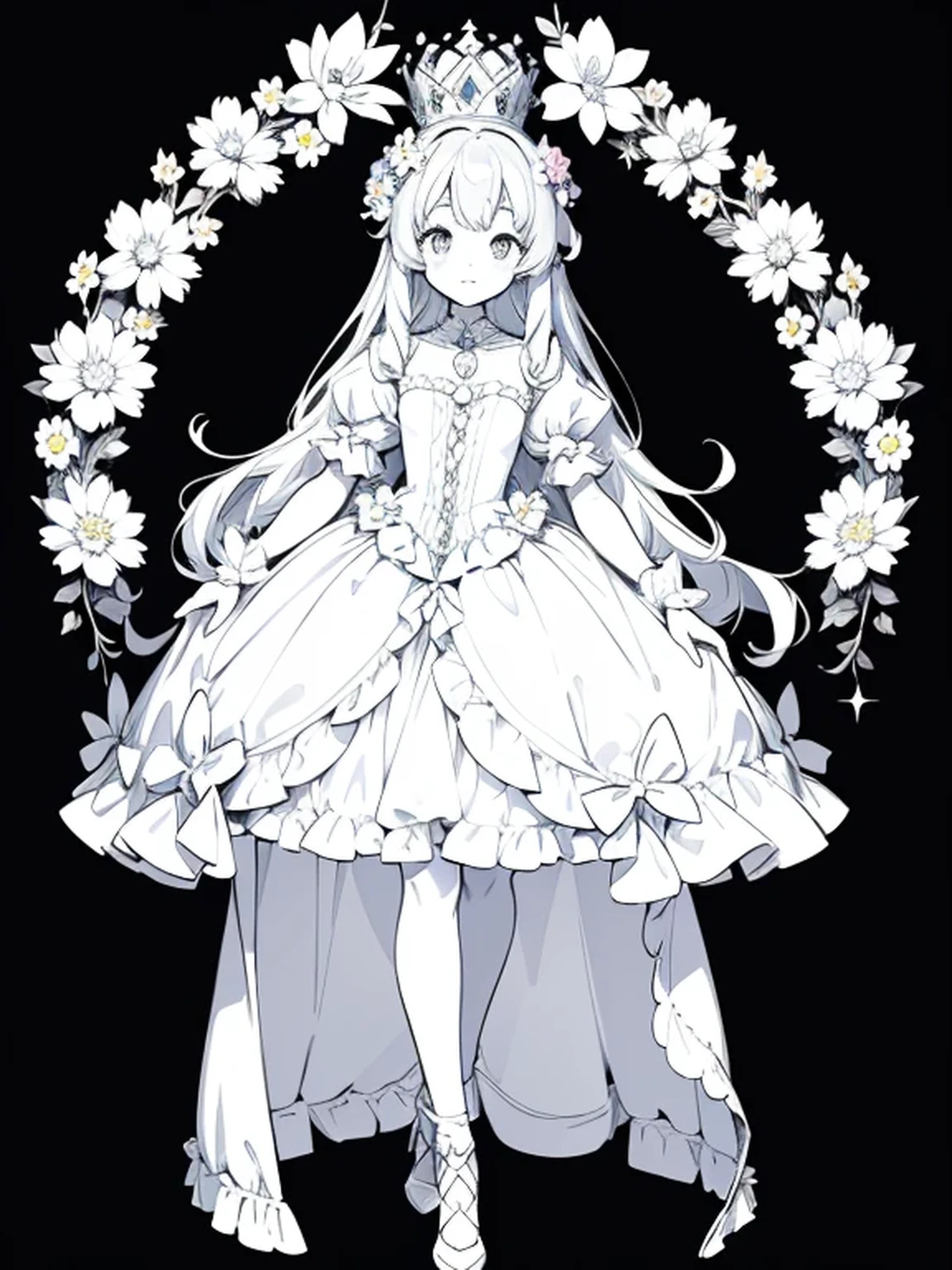 a coloring book page, cute anime girl surrounded with flowers, wearing a princess dress, small crystal crown, crystal heels, marie antoinette dress, black and white, simple and minimal, perfect shapes, only lineart, no gray or shades, complete body, white background