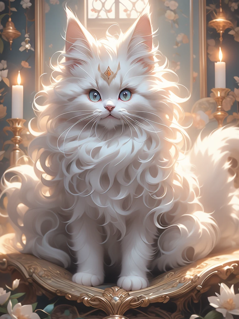 there is a white kitten sitting on top of a cat tree, soft and fluffy, maine coon, white hairs, gorgeous features, fluffy face, anthropomorphic large maine coon, fluffy!!!, beautiful cat, fluffly!!!, fluffy cat, awesome cat, a silver haired mad, serious looking mainecoon cat, outrageously fluffy, beautiful picture of stray