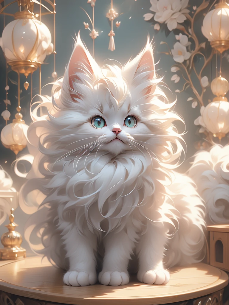there is a white kitten sitting on top of a cat tree, soft and fluffy, maine coon, white hairs, gorgeous features, fluffy face, anthropomorphic large maine coon, fluffy!!!, beautiful cat, fluffly!!!, fluffy cat, awesome cat, a silver haired mad, serious looking mainecoon cat, outrageously fluffy, beautiful picture of stray