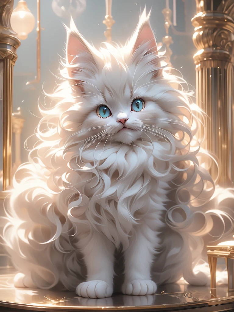 there is a white kitten sitting on top of a cat tree, soft and fluffy, maine coon, white hairs, gorgeous features, fluffy face, anthropomorphic large maine coon, fluffy!!!, beautiful cat, fluffly!!!, fluffy cat, awesome cat, a silver haired mad, serious looking mainecoon cat, outrageously fluffy, beautiful picture of stray