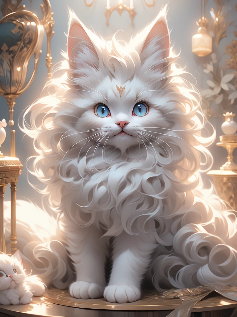 there is a white kitten sitting on top of a cat tree, a pastel by Nicholas Marsicano, reddit, arabesque, soft and fluffy, maine coon, white hairs, gorgeous features, fluffy face, anthropomorphic large maine coon, fluffy!!!, beautiful cat, fluffly!!!, fluffy cat, awesome cat, a silver haired mad