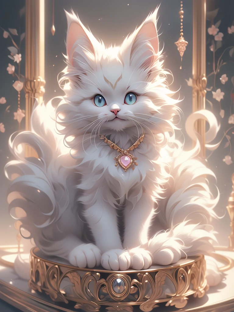 there is a white kitten sitting on top of a cat tree, a pastel by Nicholas Marsicano, reddit, arabesque, soft and fluffy, maine coon, white hairs, gorgeous features, fluffy face, anthropomorphic large maine coon, fluffy!!!, beautiful cat, fluffly!!!, fluffy cat, awesome cat, a silver haired mad