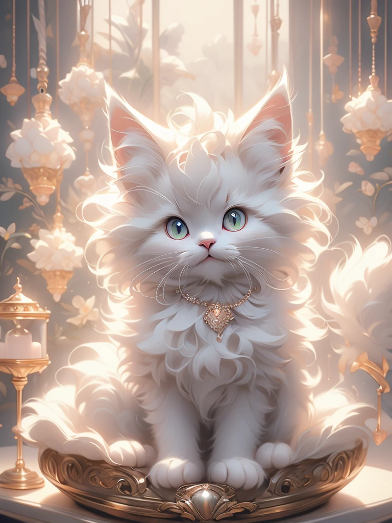 there is a white kitten sitting on top of a cat tree, a pastel by Nicholas Marsicano, reddit, arabesque, soft and fluffy, maine coon, white hairs, gorgeous features, fluffy face, anthropomorphic large maine coon, fluffy!!!, beautiful cat, fluffly!!!, fluffy cat, awesome cat, a silver haired mad