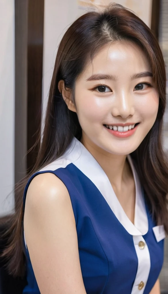 Close-up photo of a beautiful Korean woman, Chest size 36 inches, straight hair, smile a little, wearing blue clothes, Black and white short-sleeved receptionist uniform, sitting at reception.