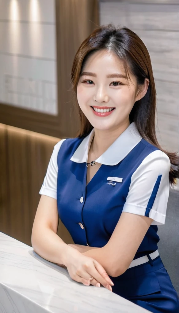 Close-up photo of a beautiful Korean woman, Chest size 36 inches, straight hair, smile a little, wearing blue clothes, Black and white short-sleeved receptionist uniform, sitting at reception.