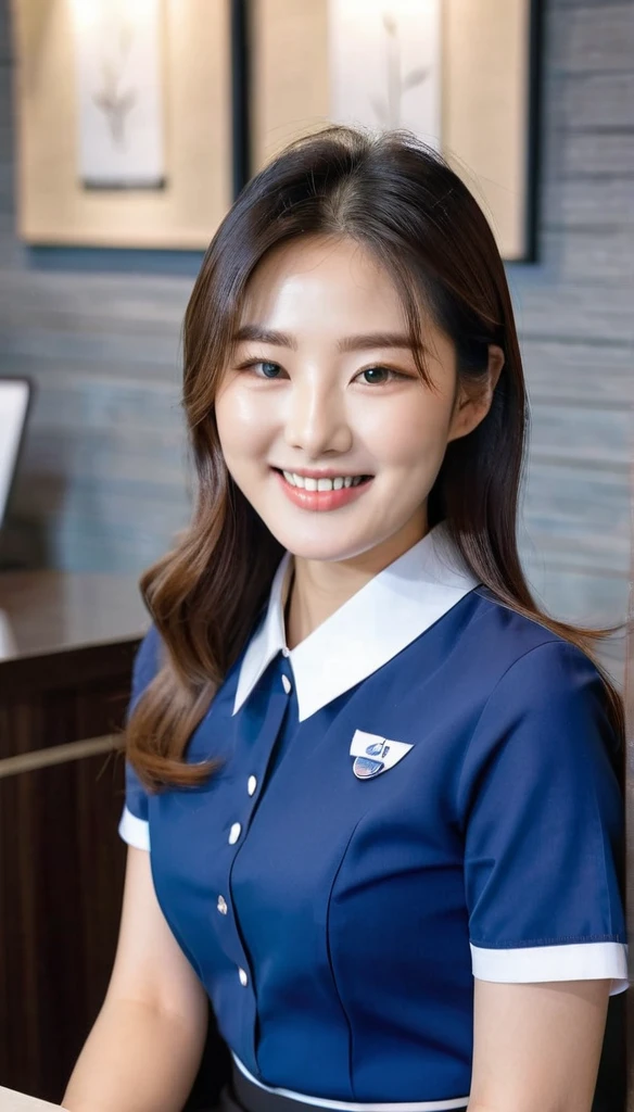 Close-up photo of a beautiful Korean woman, Chest size 36 inches, straight hair, smile a little, wearing blue clothes, Black and white short-sleeved receptionist uniform, sitting at reception.