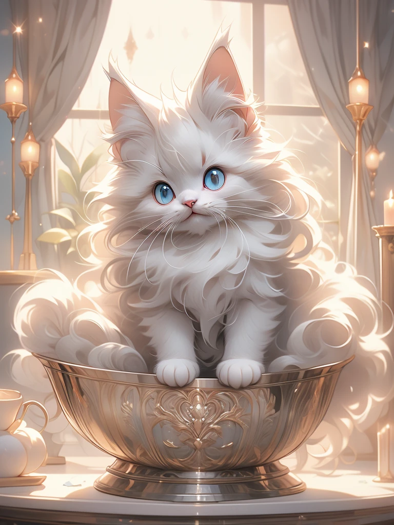 there is a white kitten sitting on top of a cat tree, a pastel by Nicholas Marsicano, reddit, arabesque, soft and fluffy, maine coon, white hairs, gorgeous features, fluffy face, anthropomorphic large maine coon, fluffy!!!, beautiful cat, fluffly!!!, fluffy cat, awesome cat, a silver haired mad