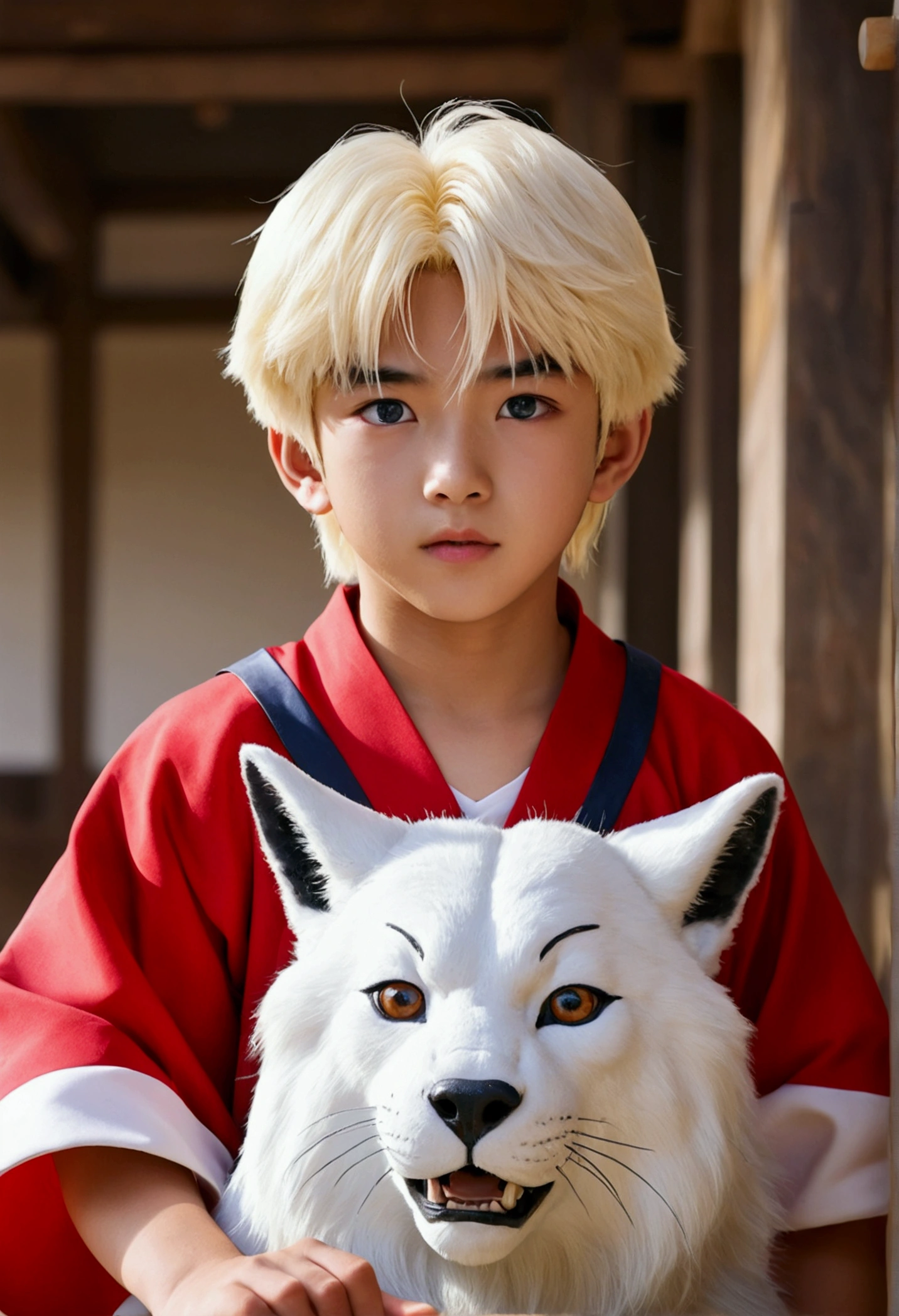 (work of art), {best qualityer},high détail,(ray tracing), (realisitic:1.0), photorealisitic,((1 young boy)), inuyasha,Beautiful Korean Idol, giorno,  , cowboy_outlet, (eyes large)