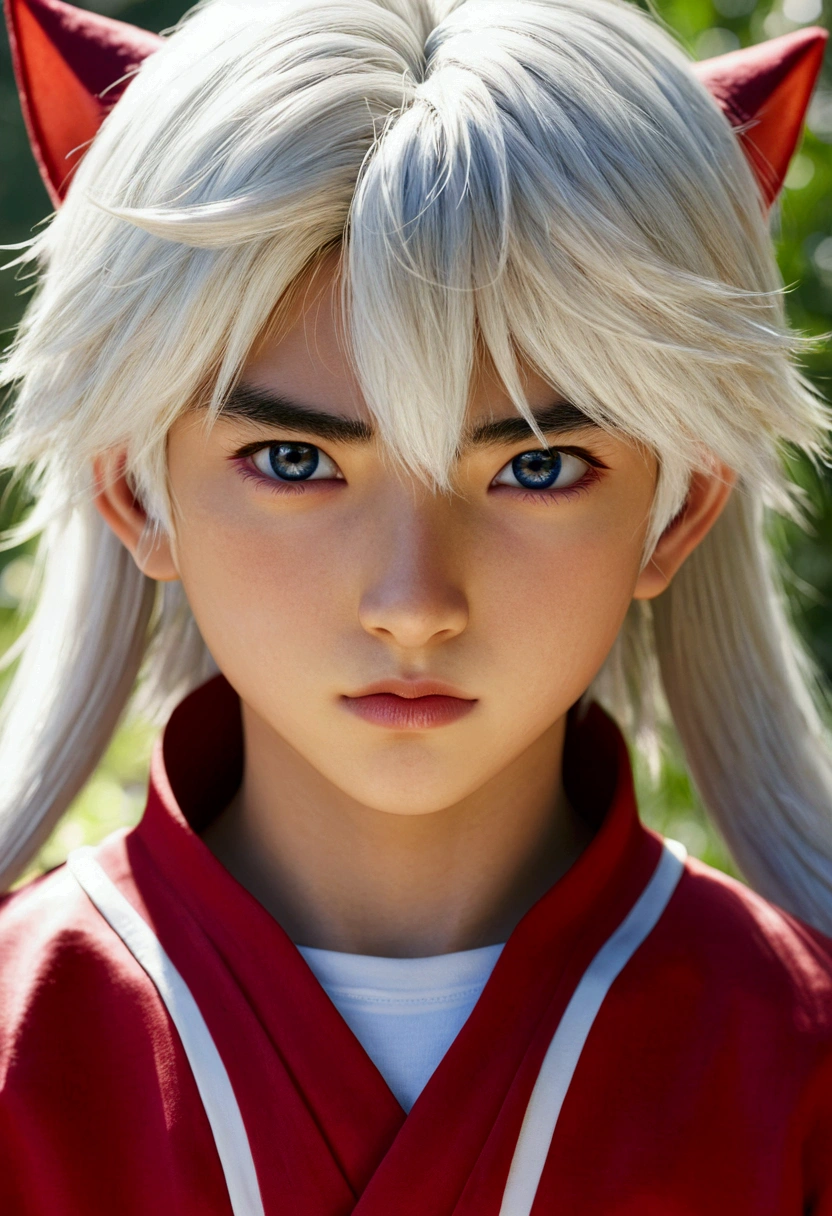 (work of art), {best qualityer},high détail,(ray tracing), (realisitic:1.0), photorealisitic,((1 young boy)), inuyasha,Beautiful Korean Idol, giorno, , cowboy_outlet, (eyes large)