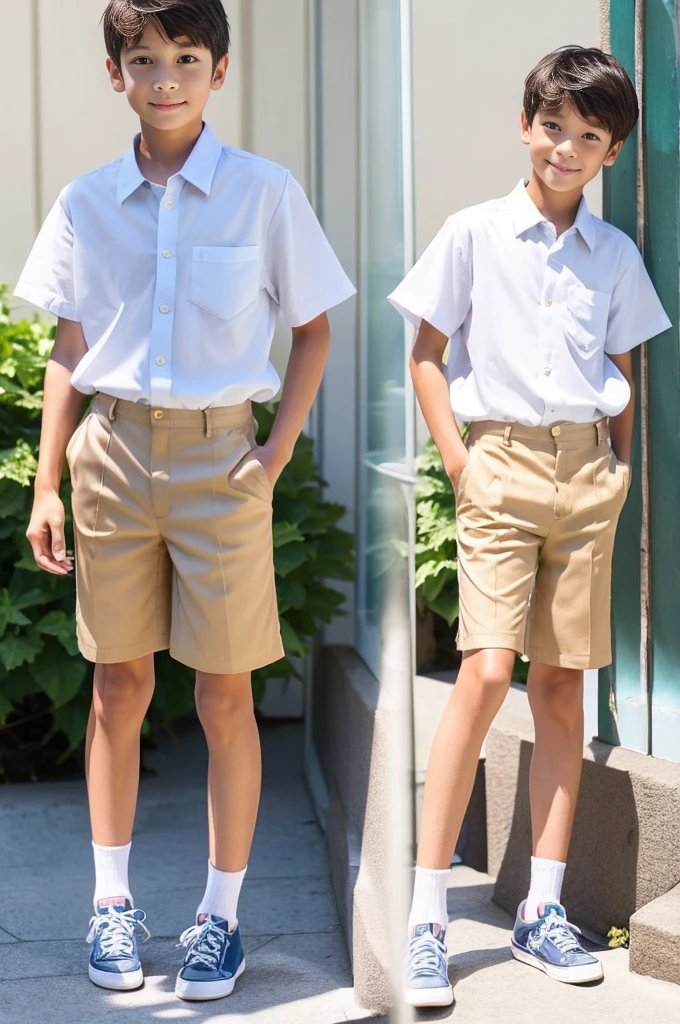 A tanned -yeld Jaese boy modeling in shorts during summer vacation Navy blue shirt and beige shorts