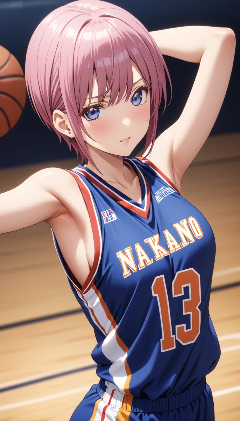 (Highest quality、Masterpiece、Very detailed、4K)、One Woman、17 years old、Pink Hair、short hair、(((Nakano Ichika)))、chest、arm、Beautiful armpits、Beautiful navel、Beautiful thighs、(((Wearing a basketball uniform)))