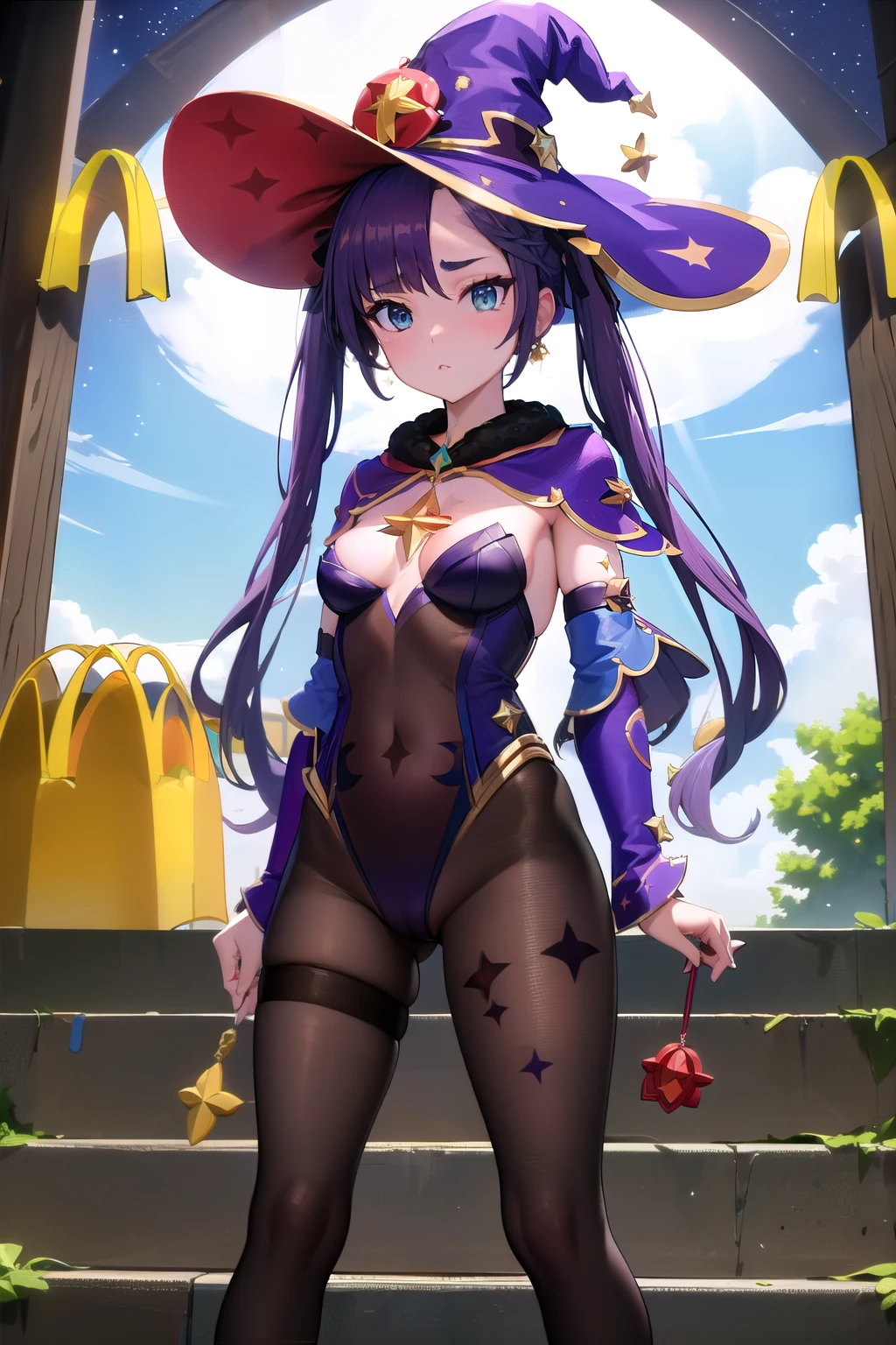   (Masterpiece), Best Quality, ultra-detailed, 1girl( mona_tpa, mcdonald's, purple hair, aqua eyes, small breasts), witch hat, stairs, shrine, lens flare, star_(symbol) pantyhose, highly detailed, absurdres,  indoor, night time,  standing,  spread legs 