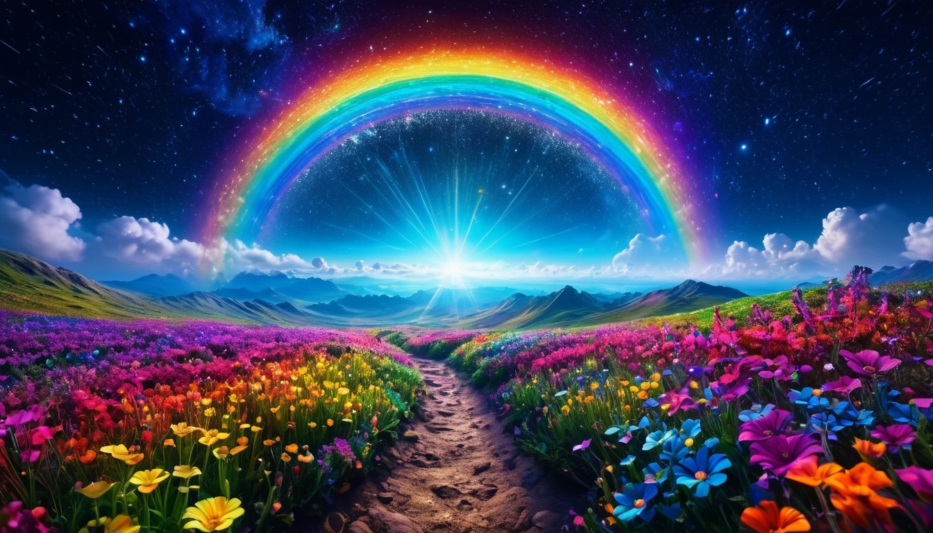 cosmic space, exuding enlightenment, bright vibrant colors, flowers everywhere, stars and space, rainbow vibrant colors, vulmetric lighting, 8k resolution, highly detailed