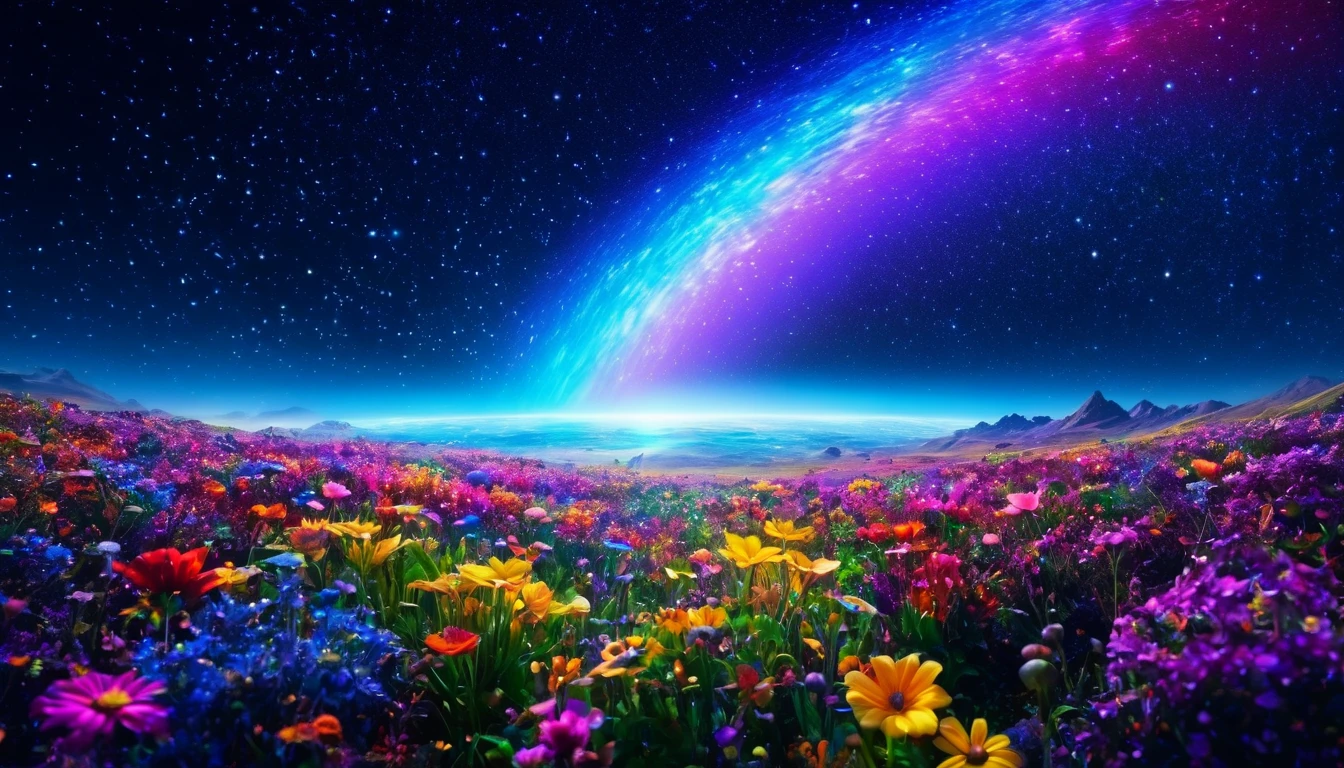 cosmic space, exuding enlightenment, bright vibrant colors, flowers everywhere, stars and space, rainbow vibrant colors, vulmetric lighting, 8k resolution, highly detailed