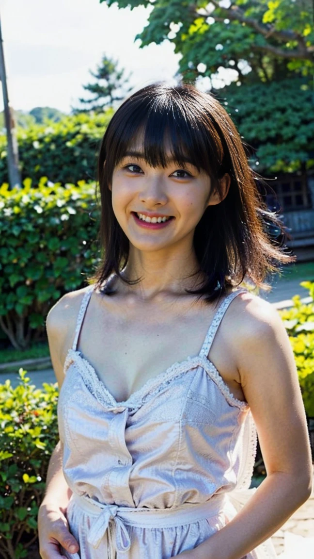 (8K、RAW Photos、Highest quality、masterpiece:1.2)、(Realistic、Realistic)、1 Girl、Japanese、((white Lingerie、whole body、garden、smile、chest emphasis、whole body、View from the front、Looking into the camera、Stand with hands on hips))、((Petty Girl))