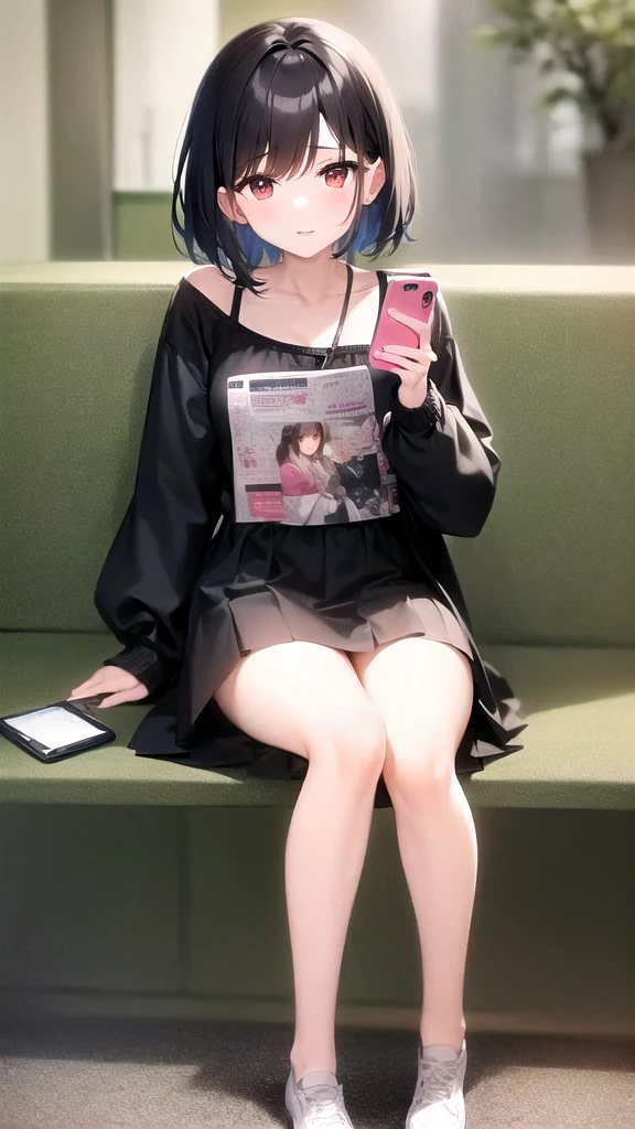 Woman in Alafe sitting on bench with wallet and mobile phone, Magazine Photos, Casual clothing style, tsubasa nakai's style, Street fashion in Japanese cities, by Eizan It&#39;s a gift, Tadashi Nakayama, kiko mizuhara, Japanese Street Fashion, Takano Aya color style, ❤🔥🍄🌪, Magazine editorial photo、low length、smile、Small breasts、