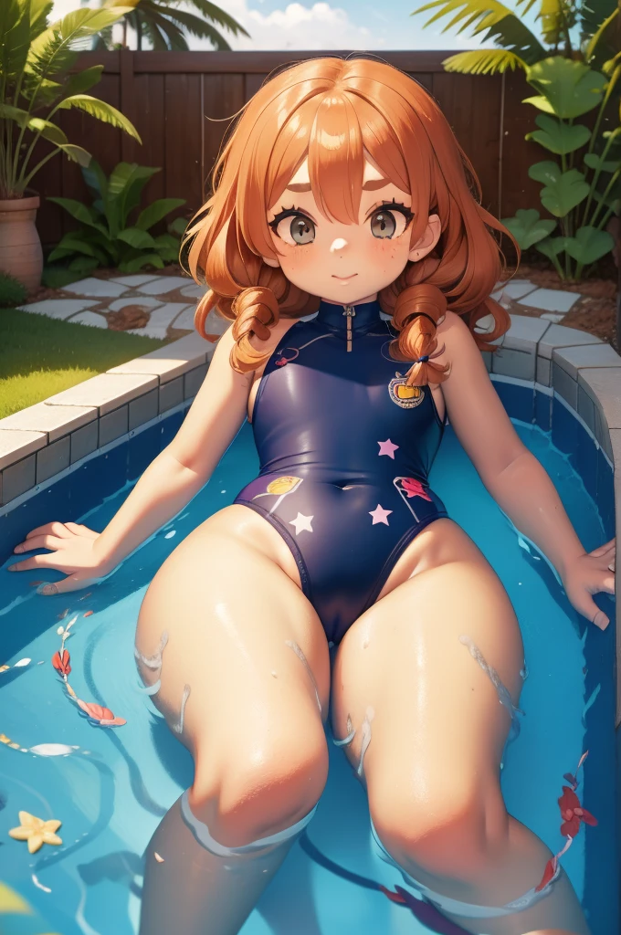 masterpiece,Highest quality,Cute doodles,Hilarious, Honor student, 8--old, length,Curly Hair, Twin tail hair,Vibrant, inquisitive eyes,freckles,Thick eyebrows,Open Fly,Swim in a simple pool in your garden,Jojo Fashion,Water gun,Wet body,たくさんのsplash,Water Drop,enjoy playing in the water,splash, Sheer one-piece white swimsuit for children,
