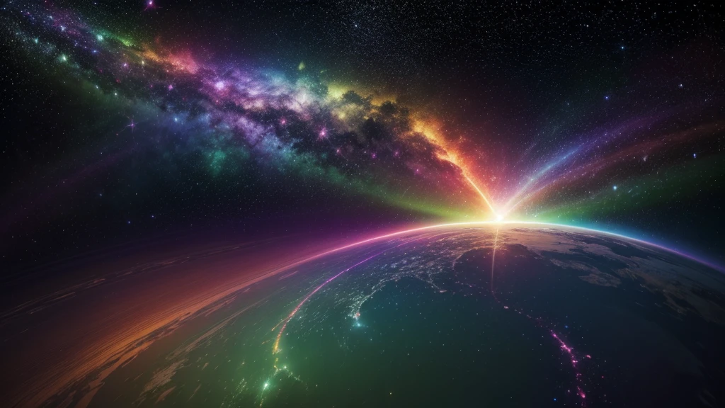 cosmic space, exuding enlightenment, bright vibrant colors, flowers everywhere, stars and space, rainbow vibrant colors, vulmetric lighting, 8k resolution, highly detailed
