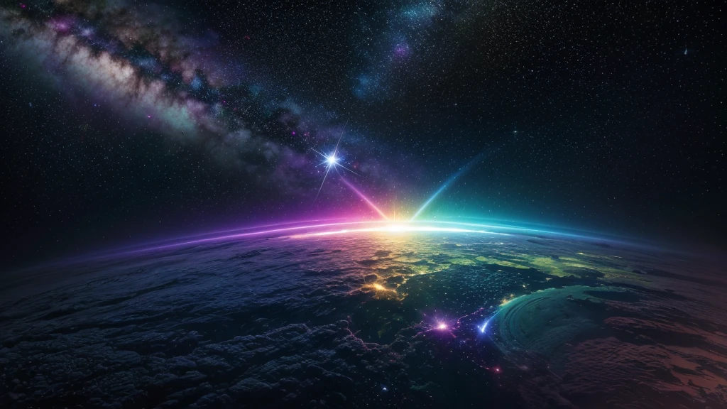 cosmic space, exuding enlightenment, bright vibrant colors, flowers everywhere, stars and space, rainbow vibrant colors, vulmetric lighting, 8k resolution, highly detailed