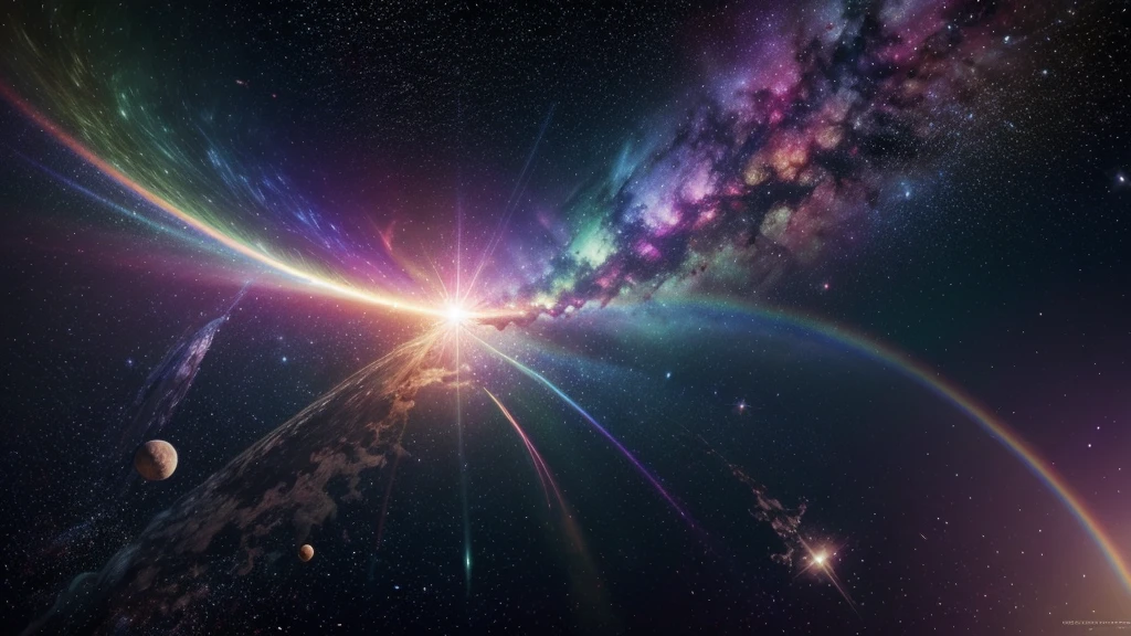 cosmic space, exuding enlightenment, bright vibrant colors, flowers everywhere, stars and space, rainbow vibrant colors, vulmetric lighting, 8k resolution, highly detailed