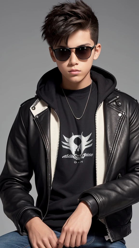 “Create a high-resolution, detailed image of a young boy with a confident and stylish look. The boy should be wearing dark sunglasses, a black leather jacket with a hoodie underneath, and light-colored, distressed jeans. He should have a modern, spiky hairstyle and a serious facial expression. The background should be a warm gradient that enhances the boy’s stylish appearance.”