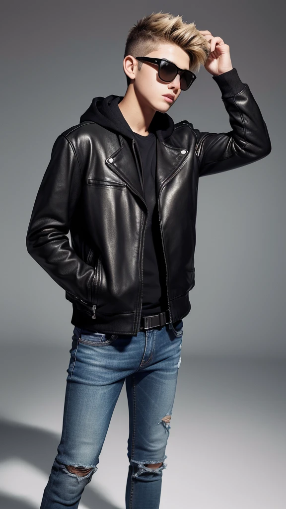 “Create a high-resolution, detailed image of a young boy with a confident and stylish look. The boy should be wearing dark sunglasses, a black leather jacket with a hoodie underneath, and light-colored, distressed jeans. He should have a modern, spiky hairstyle and a serious facial expression. The background should be a warm gradient that enhances the boy’s stylish appearance.”