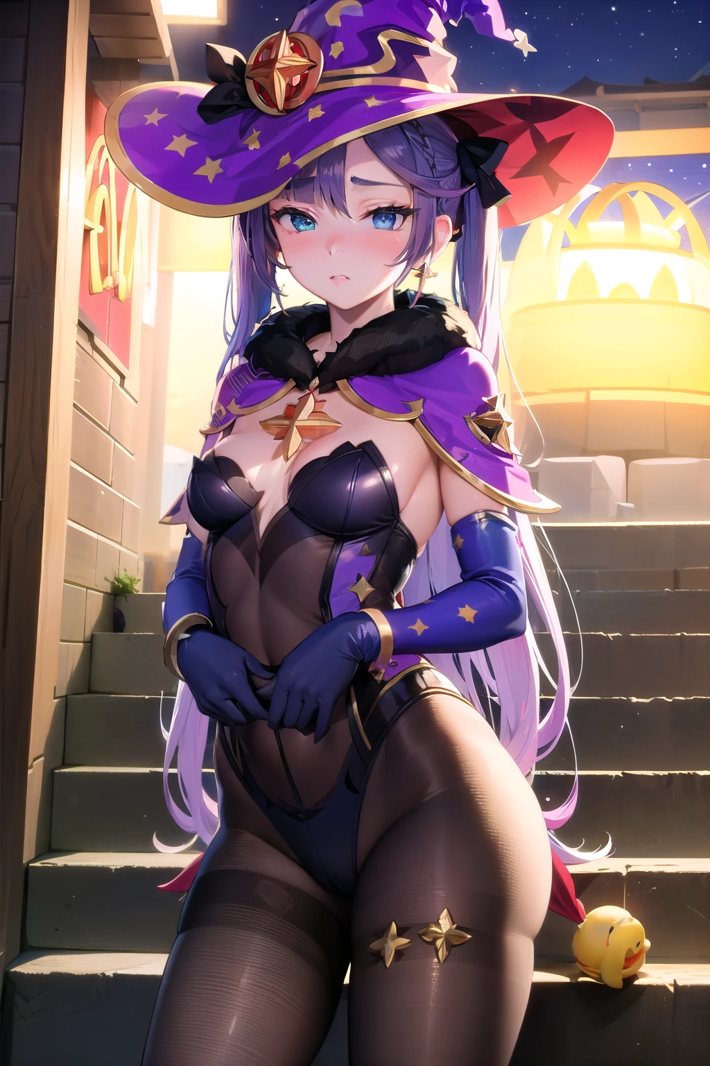 (Masterpiece), Best Quality, ultra-detailed, 1girl( mona_tpa, mcdonald's, purple hair, aqua eyes, half closed  eyes, small ), a come-hither face, parted lips, solo,  nose blush, blush, witch hat, stairs, shrine, lens flare, star_(symbol) pantyhose, highly detailed, absurdres, indoor, night time, standing, 