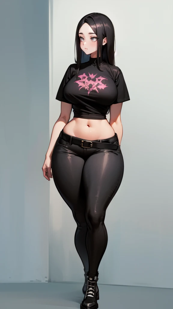 blank background, (((full body))), (masterpiece), ((best quality)), ((tall girl)), straight hair (curvy:1.7), (punk girl), shoes, belt below navel, black hair, wide hips, (black jeans), (short sleeves), arm tattoo