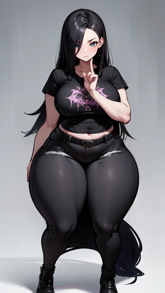 blank background, (((full body))), (masterpiece), ((best quality)), ((tall girl)), straight hair (curvy:1.7), (punk girl), shoes, belt below navel, black hair, wide hips, (black jeans), (short sleeves), arm tattoo