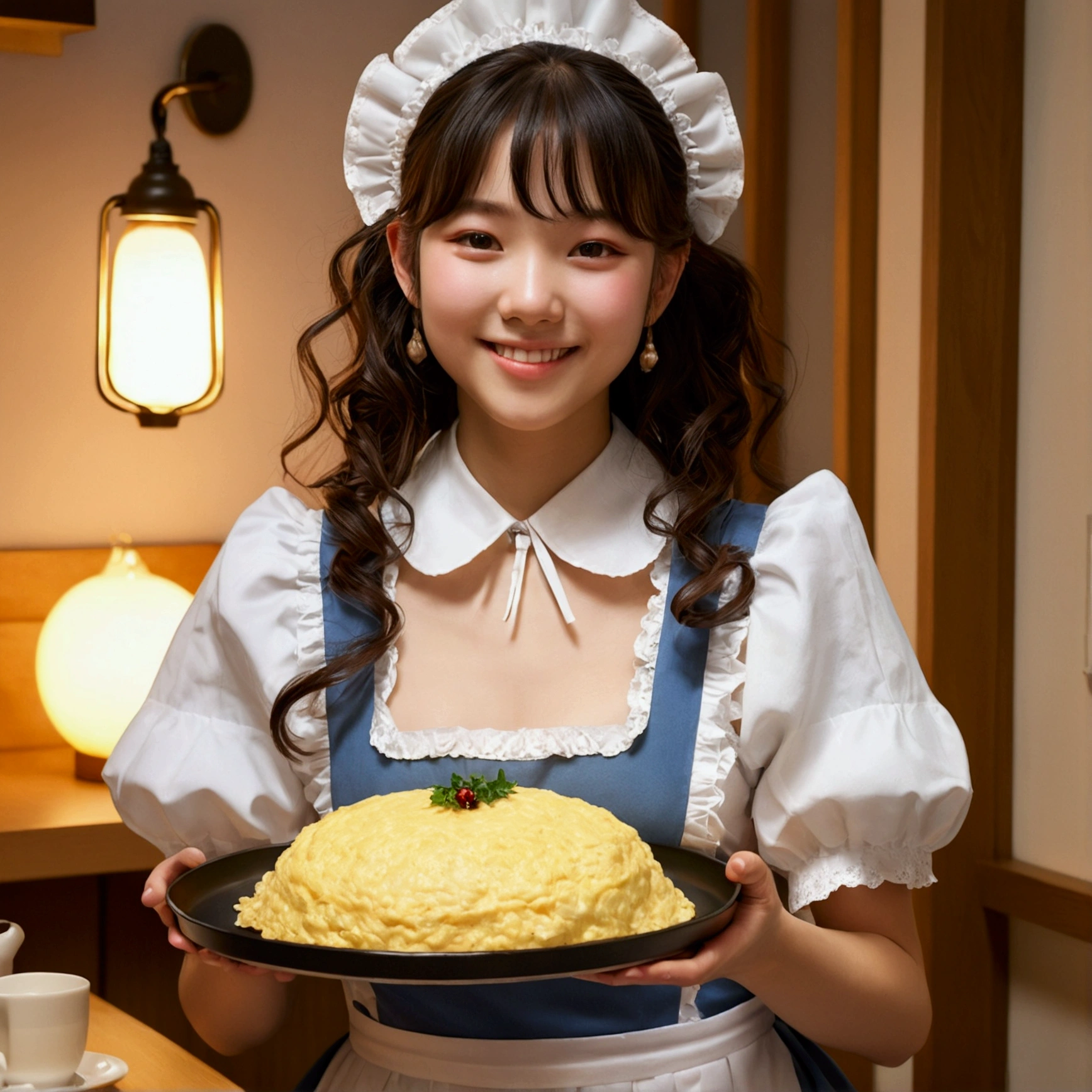 (Realistic:1.3), In detail, quality, Rembrandt Lighting, (masterpiece:1.2), (photoRealistic:1.2), (best quality), (Detailed skin:1.3), (Intricate details), dramatic, Ray Tracing, One girl, Japanese Girls, 21 years old, Detailed skin texture, (blush:0.5), (It gives me goosebumps:0.5), Scattered beneath the surface, smile, Happy, Flat, childlike chest, Long Curly Hair, Parted bangs, Maid_dress, Omelette rice, Food on the tray, Holding Tray, whole body, (Maid cafe, Cute ornament, A bright and cozy cafe),