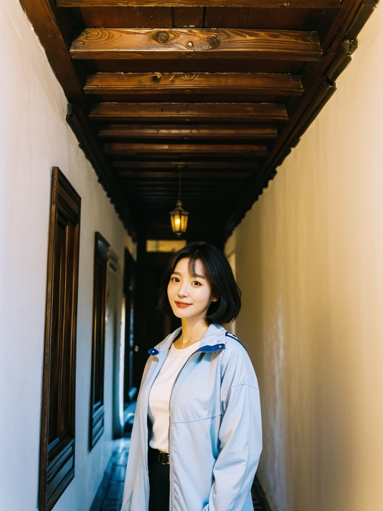 high quality, 1 woman, ((36-year-old healthy Korean woman)), ((36 years old)), 1 woman, eyes are big and beautiful. ((slim)), ((short medium hair)), Smile. pose: standing, windbreaker jacket, background:Your residence is a baroque townhouse with a plaster façade and wrought iron railings.. Overlooking the Salzach River and Hohensalzburg Fortress, looking slightly up, 1 woman, Full body shot with Canon 16-34 wide angle lens, river view, looking up the side