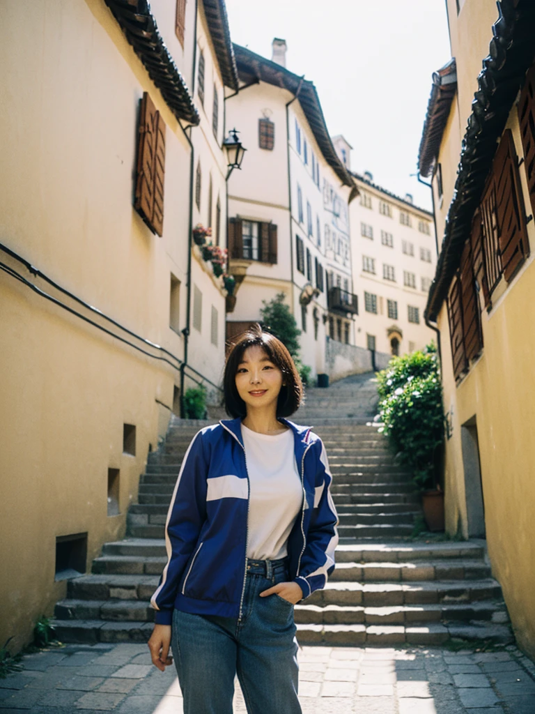 high quality, 1 woman, ((36-year-old healthy Korean woman)), ((36 years old)), 1 woman, eyes are big and beautiful. ((slim)), ((short medium hair)), Smile. pose: standing, windbreaker jacket, background:Your residence is a baroque townhouse with a plaster façade and wrought iron railings.. Overlooking the Salzach River and Hohensalzburg Fortress, looking slightly up, 1 woman, Full body shot with Canon 16-34 wide angle lens, river view, looking up the side