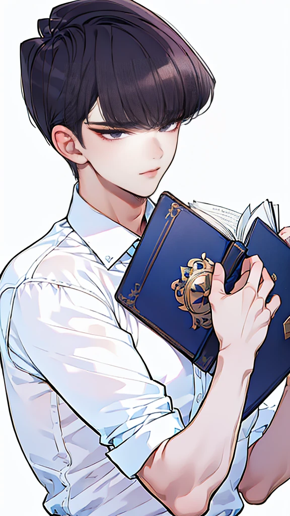 (tmasterpiece,high resolution,ultra - detailed:1.0),1 boy,Perfect male body,Look at the camera,Delicate eyes and delicate face,Extremely detailed CG,Unity 8k wallpaper,Complicated details,solo person,(School uniform, white shirt,Holding a book.), school, color difference, Depth of field,dramatic shadow,Ray tracing,Best quality,