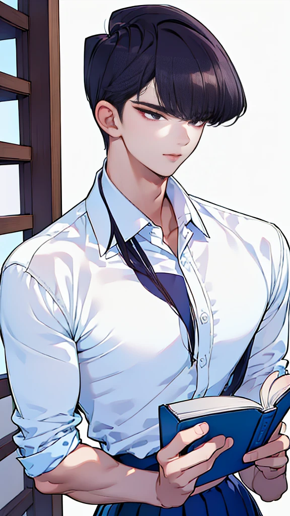 (tmasterpiece,high resolution,ultra - detailed:1.0),1 boy,Perfect male body,Look at the camera,Delicate eyes and delicate face,Extremely detailed CG,Unity 8k wallpaper,Complicated details,solo person,(School uniform, white shirt,Holding a book.), school, color difference, Depth of field,dramatic shadow,Ray tracing,Best quality,