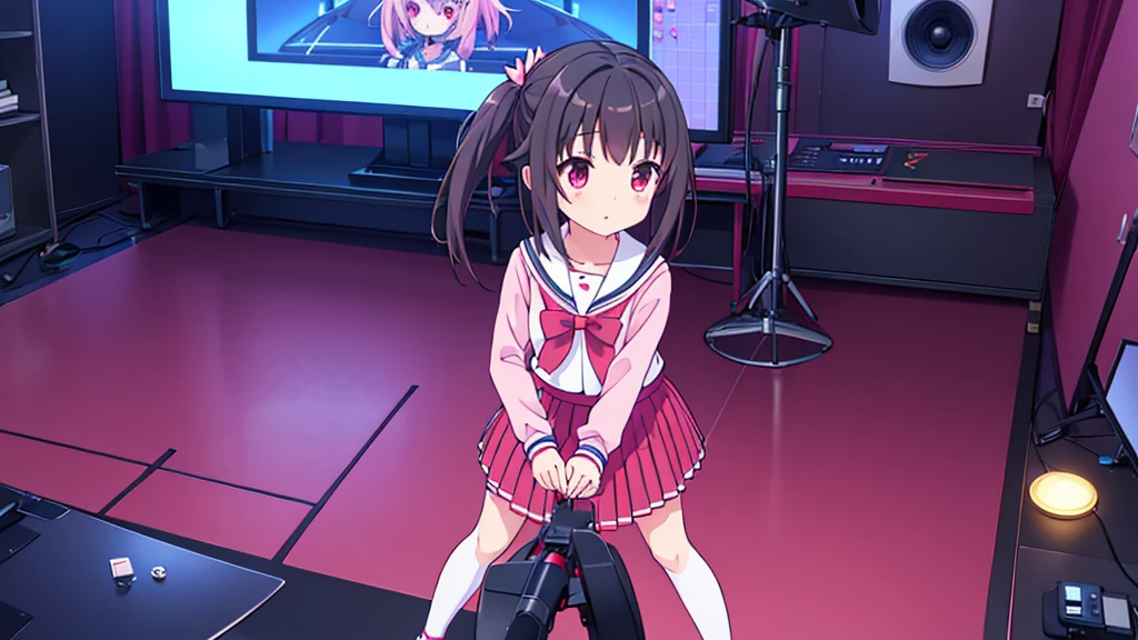 beautiful girl incredible quality 4k vtuber with red eyes black hair with pink ribbon short pleated skirt sailor style blouse long sleeve white long stockings pink tennis shoes with black vtuber youtuber in recording studio room pc gamer background with microphone and rgb cyberpunk LED lights
