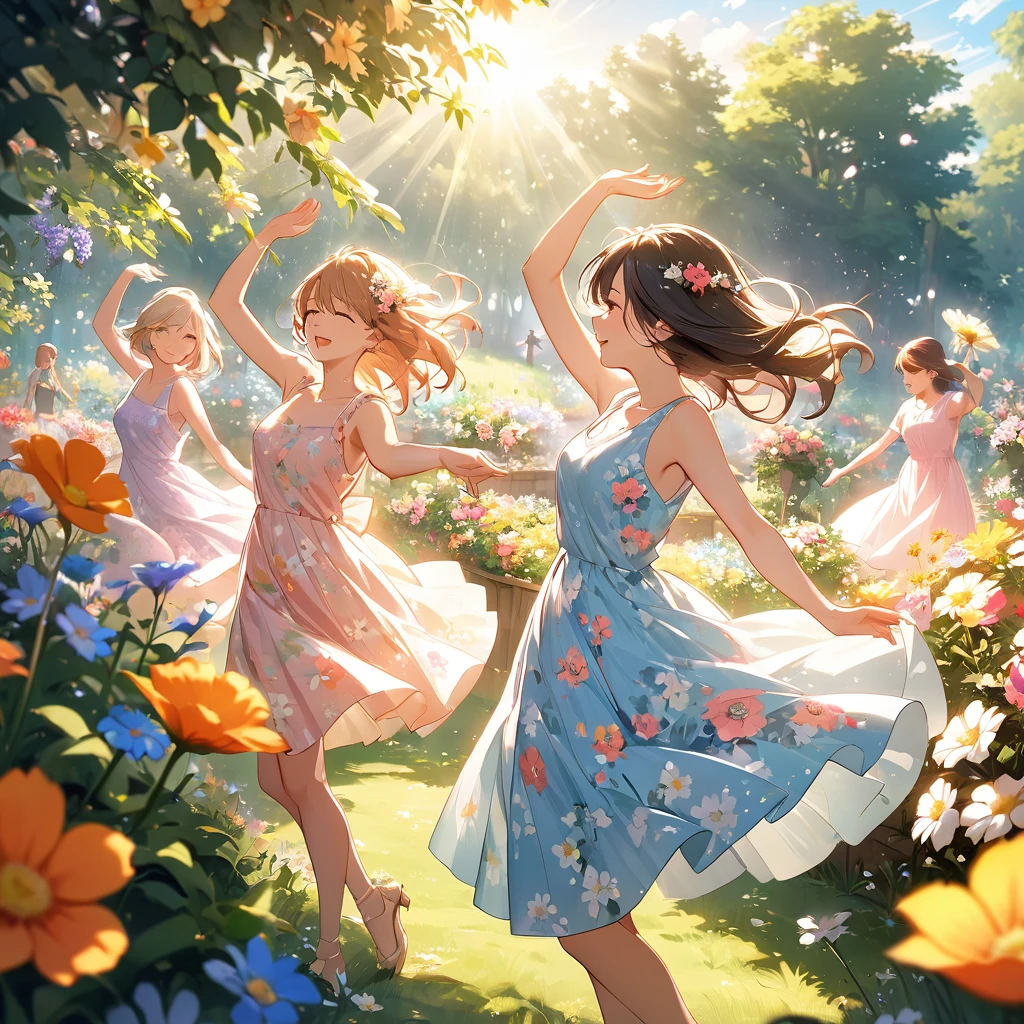 In the garden full of flowers, Under the sunlight, Girls in floral dresses are dancing