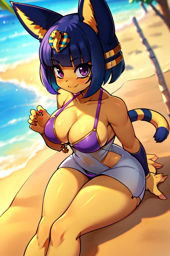 absurdres, highres, ultra detailed, ankha, solo, catgirl, big round breasts, blue hair, hair ornament, yellow skin, purple eyes, white dress, sitting, looking at viewer, outdoors, sand, egyptian, smiling, bikini