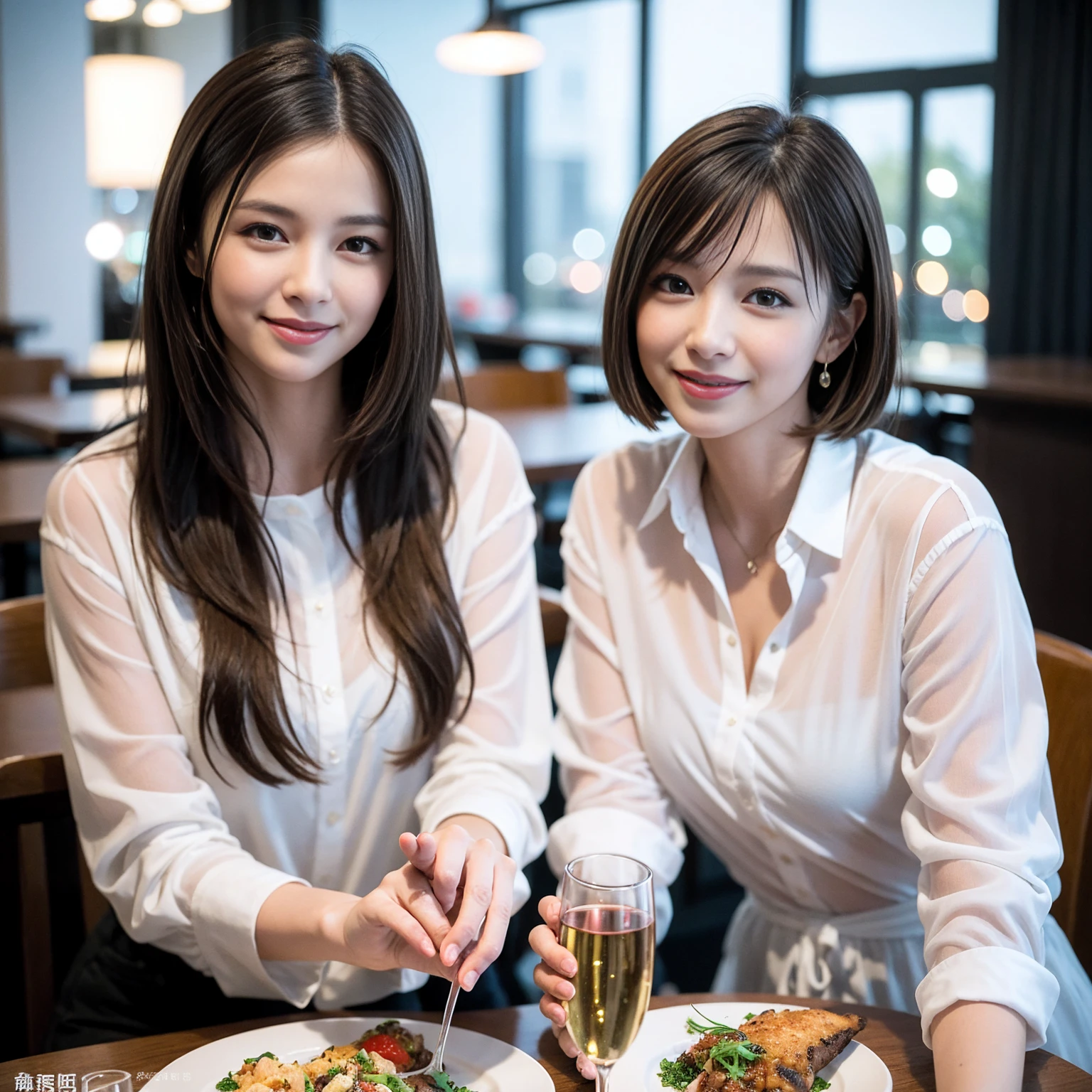 ((Highest quality、8K、masterpiece:1.3))、Shortcuts、cute、slimカップル、modelカップル、actress男優、(Realistic, Intricate details:1.2), full-course dinner、Wine Party、Amazing view of the sunset sky and clouds、A bright smile、short hair,Bright Face、 (Age 45), 42 years old, red wine 、Appetizers、Italian food、Wine bottle、Champagne、sparkling wine、Two beauties、Brown Hair、Shortcuts、Long sleeve shirt、dress、Beautiful woman 1, (slimな顔), (The body is slim), (Brown Hair), (Shortcuts), cheeks turn a little red,Attractive beauty、restaurant, In a prominent place (From the waist up) Nova Frog Style, actress, model, Upper Body, White wine, slim, wine glass, 中央に置かれたwine glass, smile, (smile: 1.15), Beautiful fine grain, Depth f/2,saturation, High Contrast, Strong light and shadow,Moist Body:1.5、3D texture、Delicate eyes、Brown Hair、The hair is very shiny、