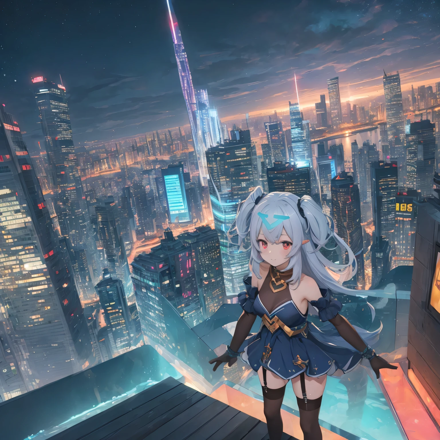 masterpiece, best quality, highres BREAK
dsdili, red eyes, long hair, two side up, hair ornament, pointy ears, ahoge, small breasts, blue dress, thighhighs, garter straps, gloves, 1girl, solo BREAK cityscape, neon lights, lake, night, night sky, staring at the city, colorful city