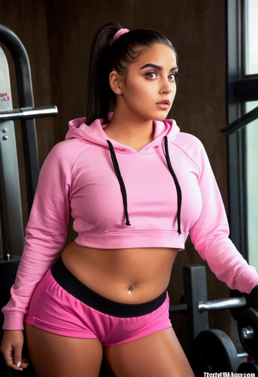 yet curvy witch with a belly button piercing. She has slightly droopy eyes, thick straight eyebrows, a straight medium-width nose, and full, slightly downturned lips giving her a serious expression. Her skin is light and smooth, with a soft jawline. She's wearing pink low-rise gym shorts that reveal her hip bones, paired with a short pink hoodie. Her dark hair is tied in a ponytail, and she has fake eyelashes. The overall look should be provocative and alluring, emphasizing her thicc figure and exposed midriff.