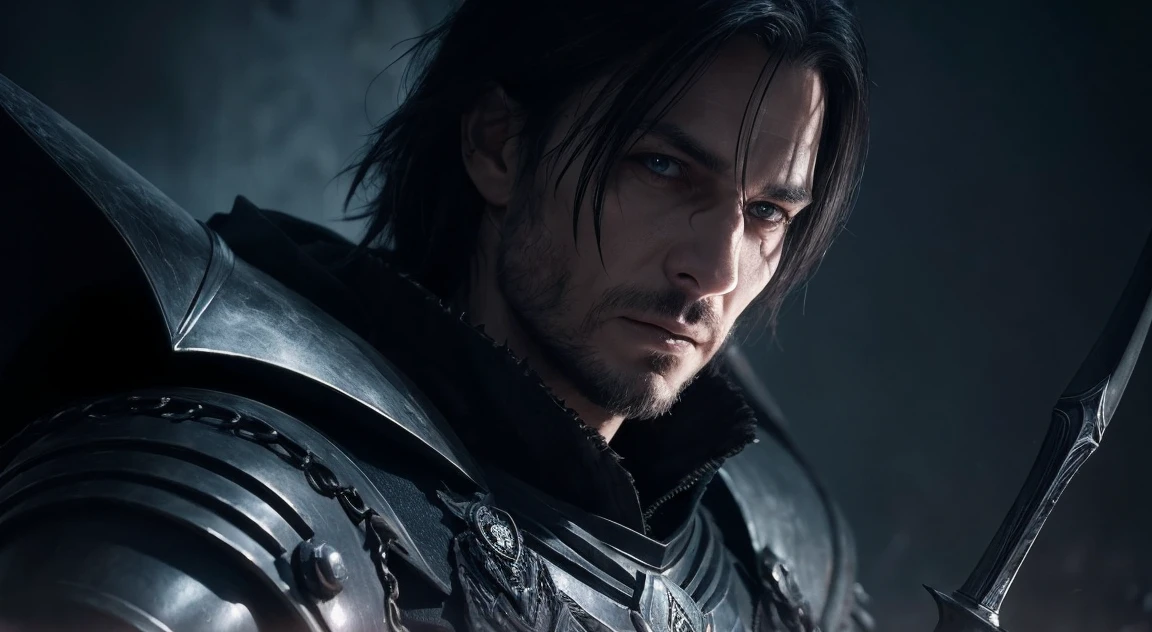 Close up portrait of a person with a sword in a dark room, Evil Knight, Gothic Knight, Dark Warrior, Anthropomorphic Crow Knight, Black Octane Rendering, Raymond Swanland's style, Sauron, the Dark Lord, Dark Fantasy Character Design, Photorealistic dark concept art, fantasy character octane render, Grim Reaper in the Night!!!!, Amazing 8k character concept art、Gorbeza