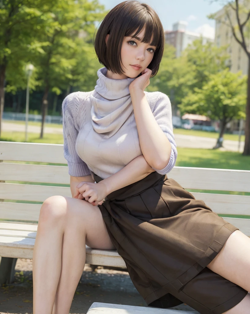 pureerosface_v1:0.3, best quality, photorealistic, 8k, high res, full color, 1girl, woman, 20 years old woman, (skindentation), (portrait:0.6), trees, park bench, daylight, ((park background:1.52)), full color, ((necksweater:1.68)), looking at viewer:1.8, (1girl eyes looking at viewer:1.55), (short-length hair, brownhair, partedbangs:1.45), (bokeh), 