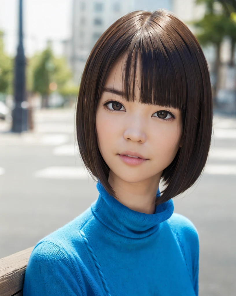 pureerosface_v1:0.3, best quality, photorealistic, 8k, high res, full color, 1girl, woman, 20 years old woman, (skindentation), (portrait:0.6), trees, park bench, daylight, ((park background:1.52)), full color, ((necksweater:1.68)), looking at viewer:1.8, (1girl eyes looking at viewer:1.55), (short-length hair, brownhair, partedbangs:1.45), (bokeh),