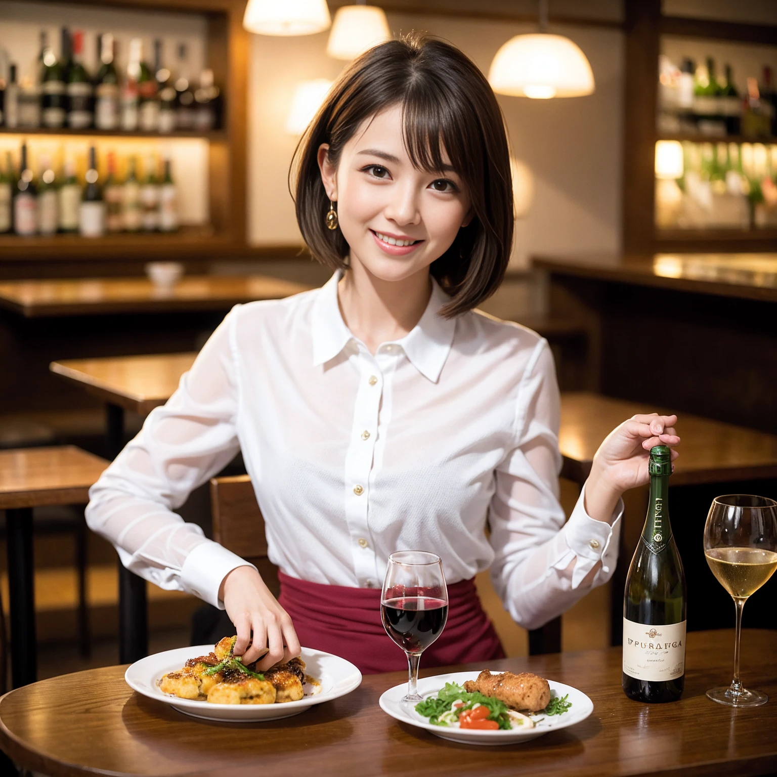 ((Highest quality、8K、masterpiece:1.3))、Shortcuts、cute、slimカップル、modelカップル、actress男優、(Realistic, Intricate details:1.2), full-course dinner、Wine Party、Amazing view of the sunset sky and clouds、A bright smile、short hair,Bright Face、 (Age 45), 42 years old, red wine 、Appetizers、Italian food、Wine bottle、Champagne、sparkling wine、Two beauties、Brown Hair、Shortcuts、Long sleeve shirt、dress、Beautiful woman 1, (slimな顔), (The body is slim), (Brown Hair), (Shortcuts), cheeks turn a little red,Attractive beauty、restaurant, In a prominent place (From the waist up) Nova Frog Style, actress, model, Upper Body, White wine, slim, wine glass, 中央に置かれたwine glass, smile, (smile: 1.15), Beautiful fine grain, Depth f/2,saturation, High Contrast, Strong light and shadow,Moist Body:1.5、3D texture、Delicate eyes、Brown Hair、The hair is very shiny、