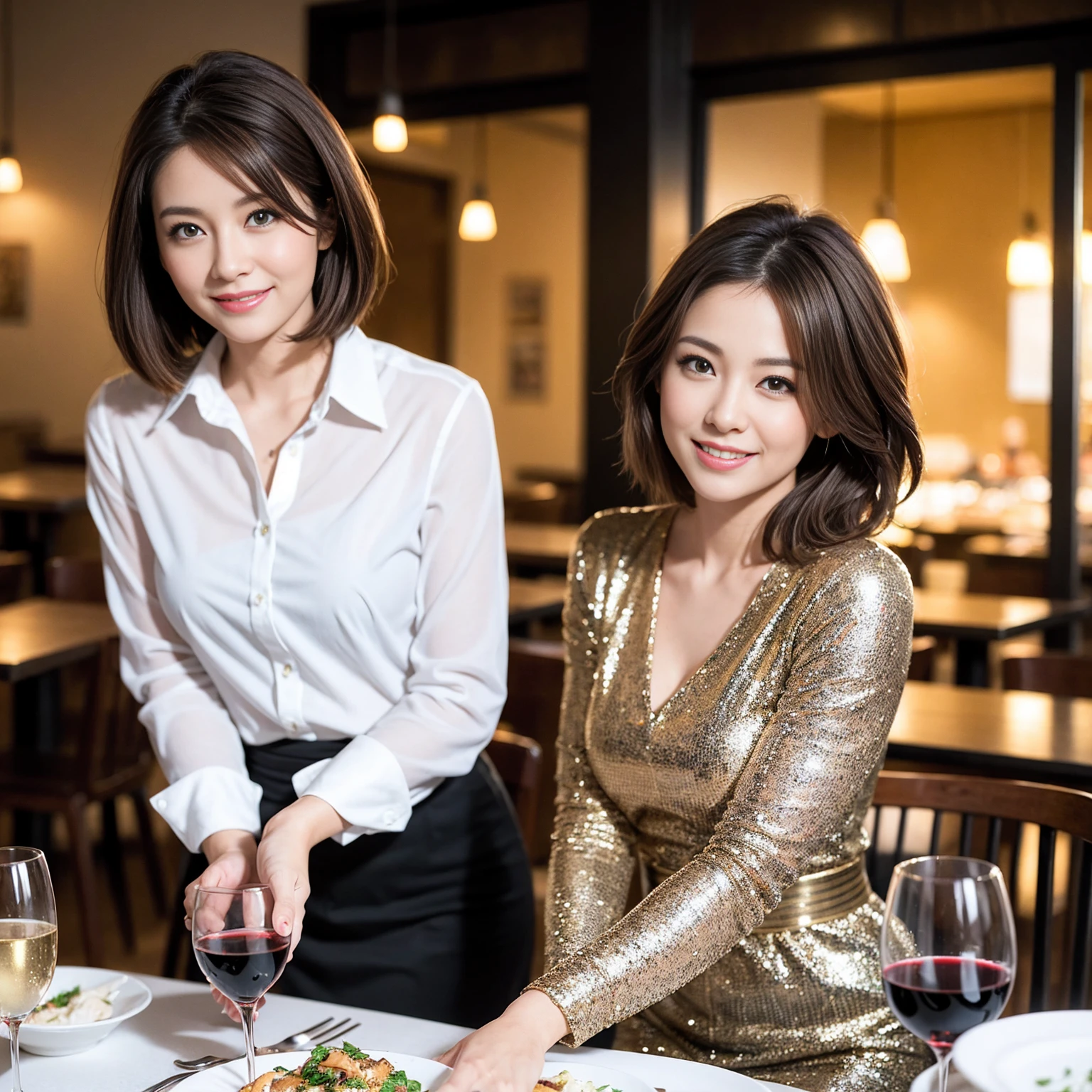 ((Highest quality、8K、masterpiece:1.3))、Shortcuts、cute、slimカップル、modelカップル、actress男優、(Realistic, Intricate details:1.2), full-course dinner、Wine Party、Amazing view of the sunset sky and clouds、A bright smile、short hair,Bright Face、 (Age 45), 42 years old, red wine 、Appetizers、Italian food、Wine bottle、Champagne、sparkling wine、Two beauties、Brown Hair、Shortcuts、Long sleeve shirt、dress、Beautiful woman 1, (slimな顔), (The body is slim), (Brown Hair), (Shortcuts), cheeks turn a little red,Attractive beauty、restaurant, In a prominent place (From the waist up) Nova Frog Style, actress, model, Upper Body, White wine, slim, wine glass, 中央に置かれたwine glass, smile, (smile: 1.15), Beautiful fine grain, Depth f/2,saturation, High Contrast, Strong light and shadow,Moist Body:1.5、3D texture、Delicate eyes、Brown Hair、The hair is very shiny、