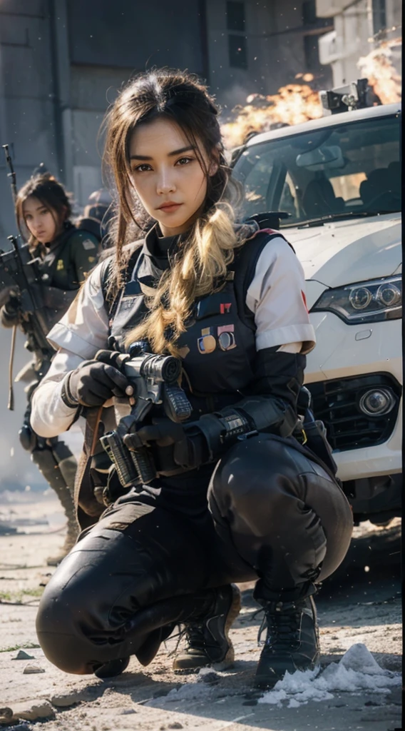 arafed woman in military uniform posing with a fire rifle,, infantry girl, military girl, soldier girl, beautiful female soldier, (big breasts), mechanical soldier girl, deviantart cgscosiety art station, beautiful digital artwork, guweiz style artwork, ross tran 8 k, cgsociety high definition, cgsociety amazing